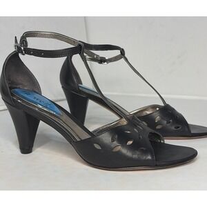 Fitzwell Black Leather T-Strap Peep Toe Heels Laser Cut Sandals Brazil  5.5